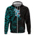 New Zealand Tuatara Plumeria Zip Hoodie Maori Teal Koru Tribal Tattoo