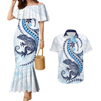 Blue Maori Tuatara Couples Matching Mermaid Dress and Hawaiian Shirt Luxury Pastel Pattern LT01 Blue - Polynesian Pride