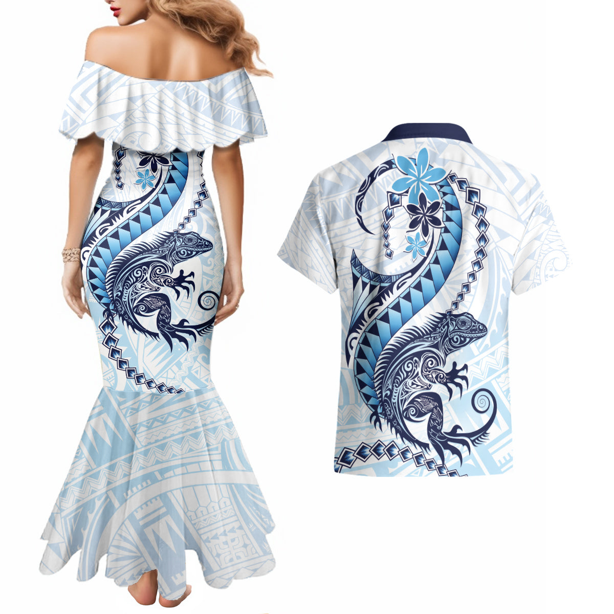 Blue Maori Tuatara Couples Matching Mermaid Dress and Hawaiian Shirt Luxury Pastel Pattern LT01 - Polynesian Pride