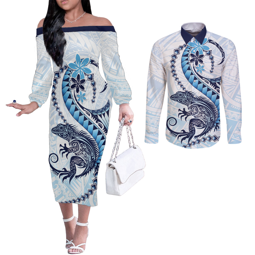 Blue Maori Tuatara Couples Matching Off The Shoulder Long Sleeve Dress and Long Sleeve Button Shirt Luxury Pastel Pattern LT01 Blue - Polynesian Pride
