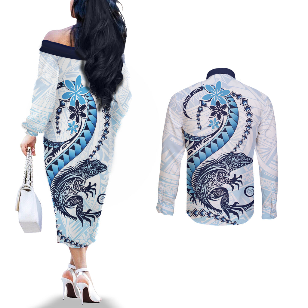 Blue Maori Tuatara Couples Matching Off The Shoulder Long Sleeve Dress and Long Sleeve Button Shirt Luxury Pastel Pattern LT01 - Polynesian Pride
