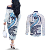 Blue Maori Tuatara Couples Matching Off The Shoulder Long Sleeve Dress and Long Sleeve Button Shirt Luxury Pastel Pattern LT01 - Polynesian Pride