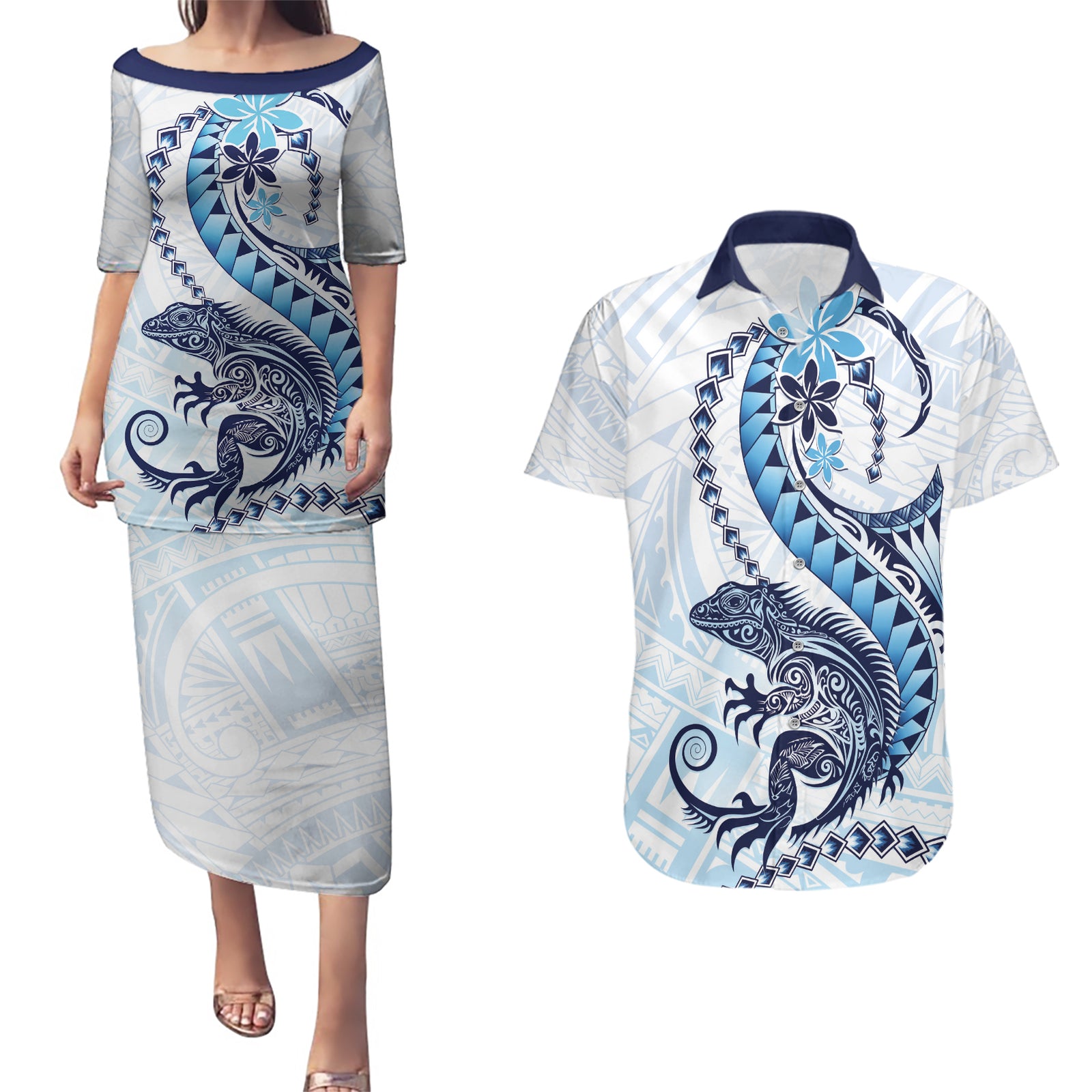 Blue Maori Tuatara Couples Matching Puletasi and Hawaiian Shirt Luxury Pastel Pattern