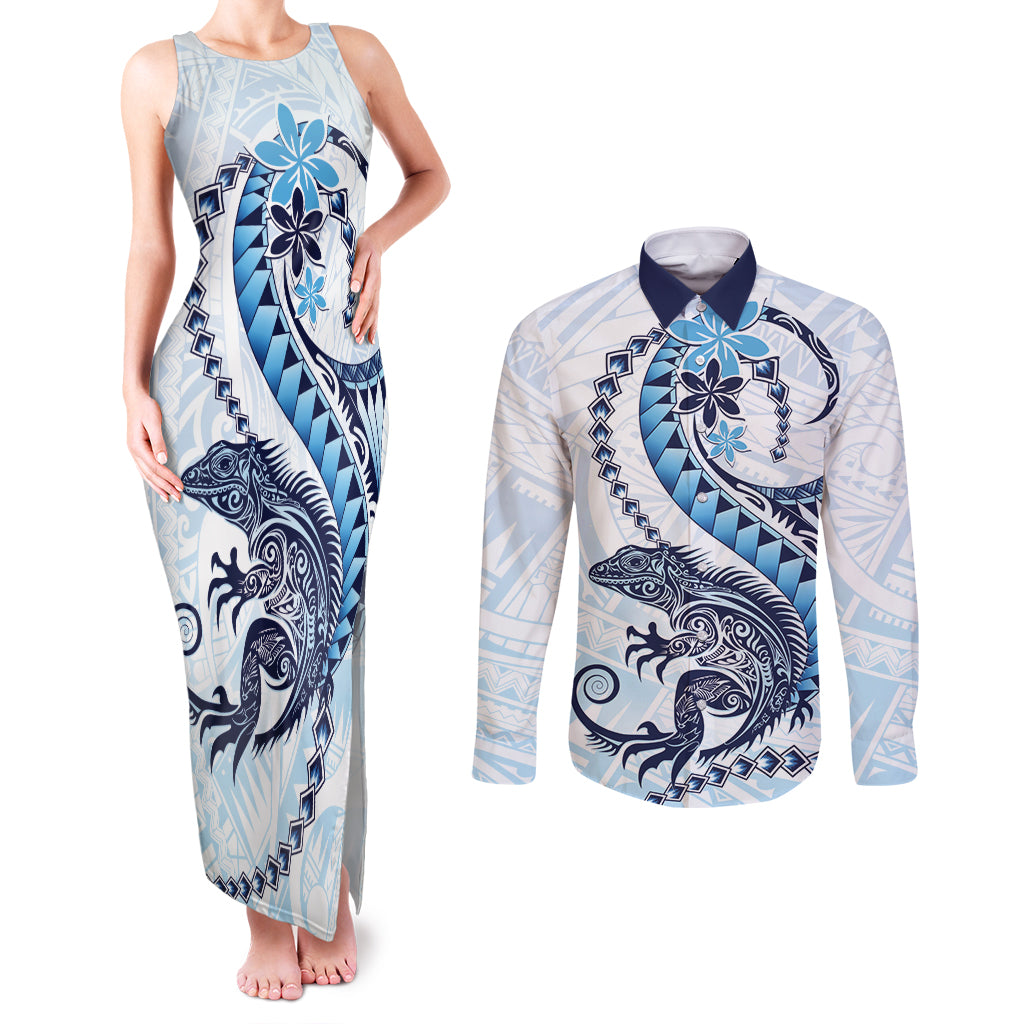 Blue Maori Tuatara Couples Matching Tank Maxi Dress and Long Sleeve Button Shirt Luxury Pastel Pattern