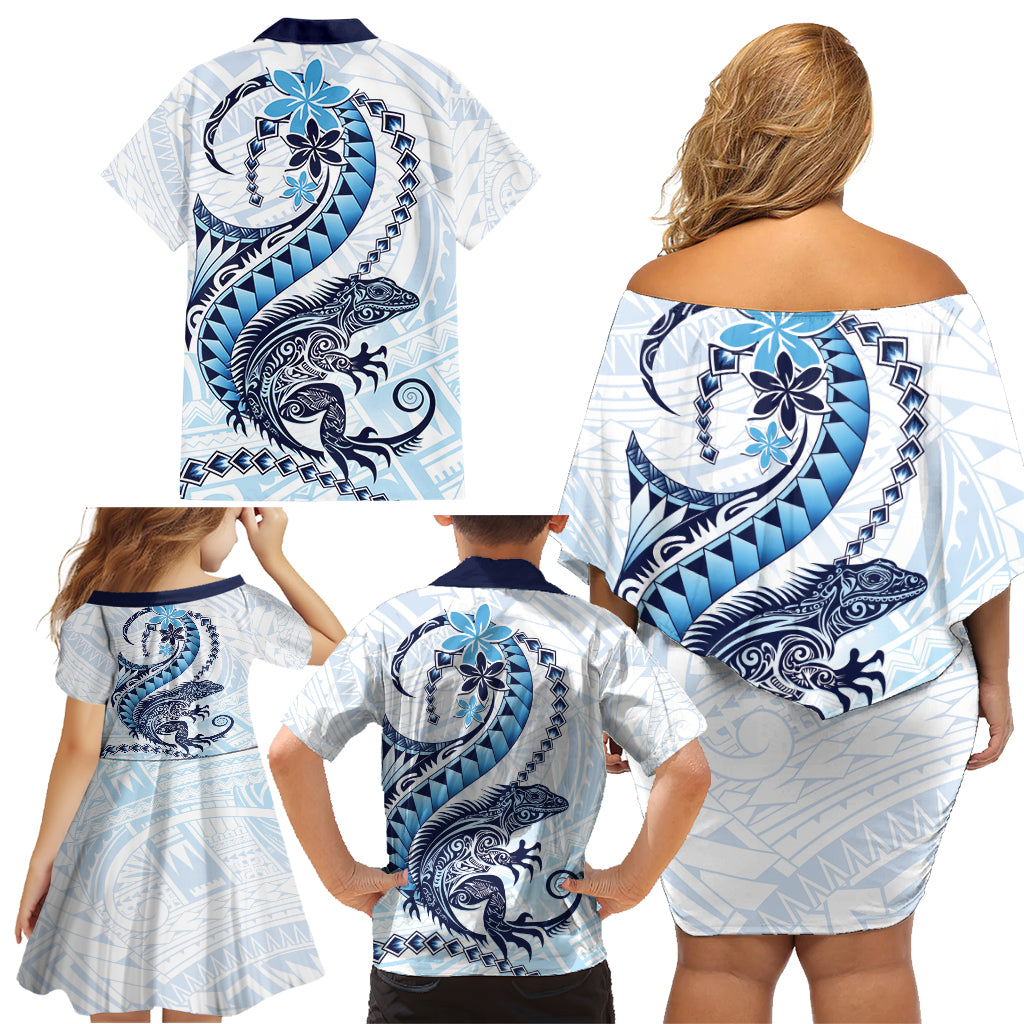 Blue Maori Tuatara Family Matching Off Shoulder Short Dress and Hawaiian Shirt Luxury Pastel Pattern