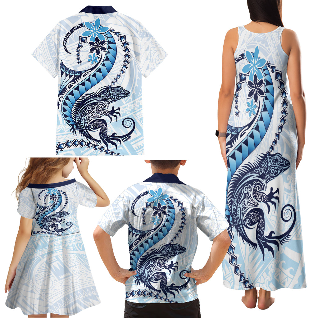 Blue Maori Tuatara Family Matching Tank Maxi Dress and Hawaiian Shirt Luxury Pastel Pattern