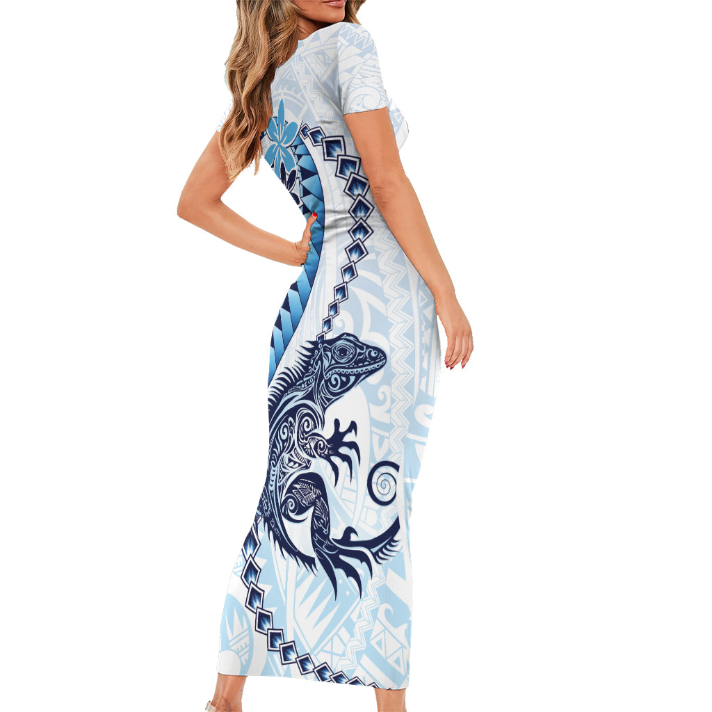 Blue Maori Tuatara Short Sleeve Bodycon Dress Luxury Pastel Pattern LT01 - Polynesian Pride