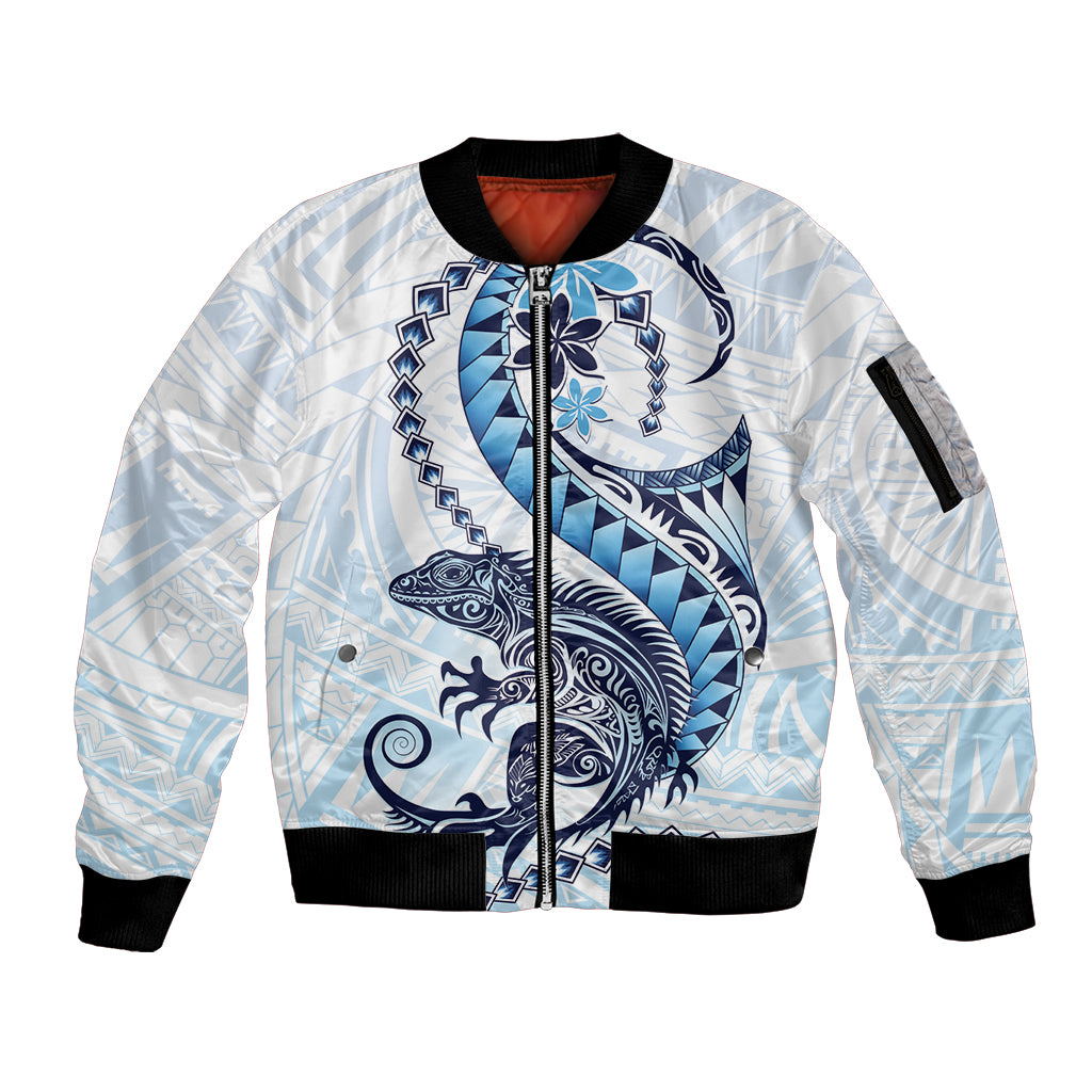 Blue Maori Tuatara Sleeve Zip Bomber Jacket Luxury Pastel Pattern LT01 Unisex Blue - Polynesian Pride