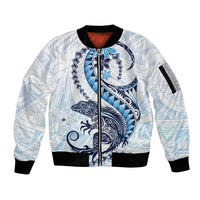Blue Maori Tuatara Sleeve Zip Bomber Jacket Luxury Pastel Pattern LT01 Unisex Blue - Polynesian Pride