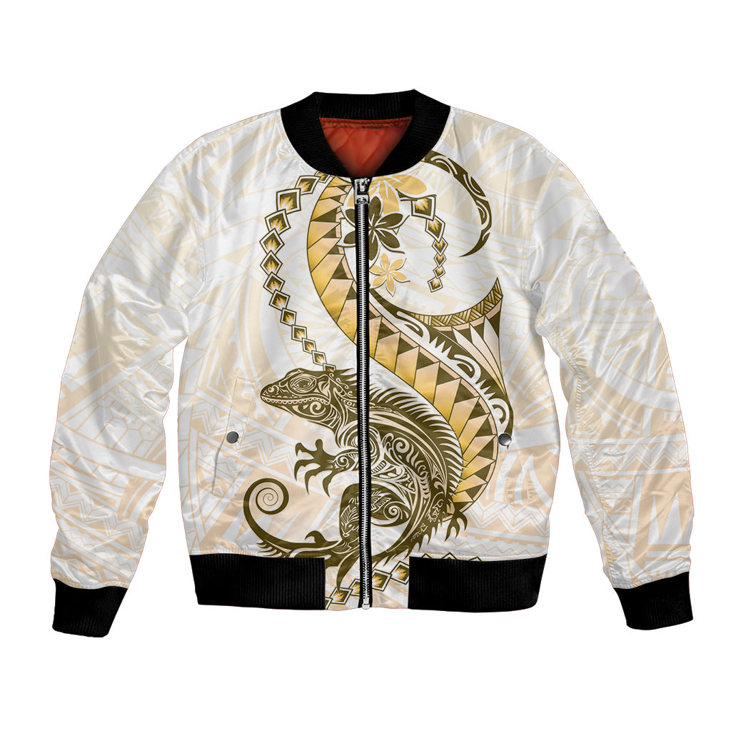 Gold Maori Tuatara Bomber Jacket Luxury Pastel Pattern LT01 Unisex Gold - Polynesian Pride