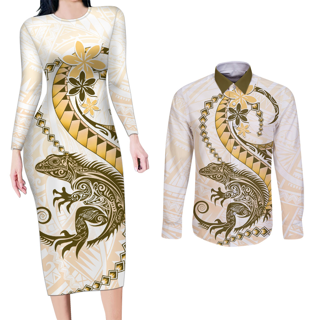 Gold Maori Tuatara Couples Matching Long Sleeve Bodycon Dress and Long Sleeve Button Shirt Luxury Pastel Pattern LT01 Gold - Polynesian Pride