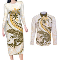 Gold Maori Tuatara Couples Matching Long Sleeve Bodycon Dress and Long Sleeve Button Shirt Luxury Pastel Pattern LT01 Gold - Polynesian Pride
