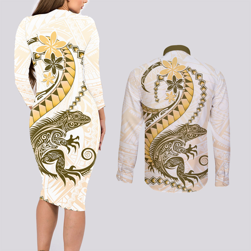 Gold Maori Tuatara Couples Matching Long Sleeve Bodycon Dress and Long Sleeve Button Shirt Luxury Pastel Pattern LT01 - Polynesian Pride