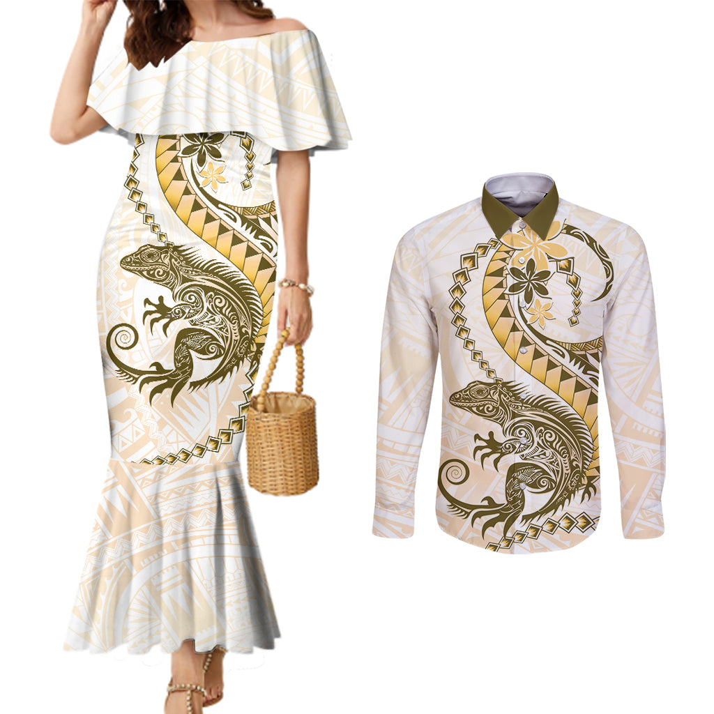 Gold Maori Tuatara Couples Matching Mermaid Dress and Long Sleeve Button Shirt Luxury Pastel Pattern