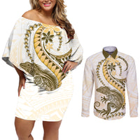 Gold Maori Tuatara Couples Matching Off Shoulder Short Dress and Long Sleeve Button Shirt Luxury Pastel Pattern