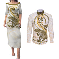 Gold Maori Tuatara Couples Matching Puletasi and Long Sleeve Button Shirt Luxury Pastel Pattern LT01 Gold - Polynesian Pride