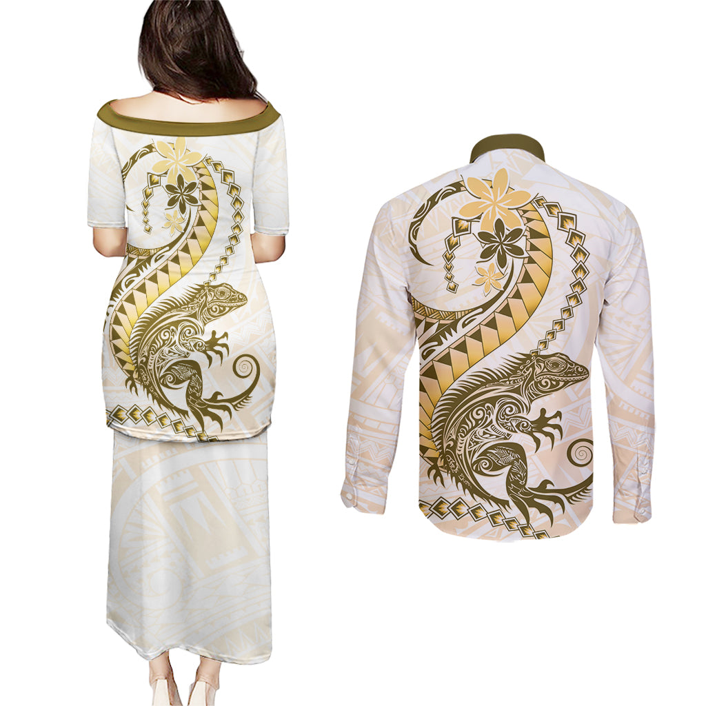 Gold Maori Tuatara Couples Matching Puletasi and Long Sleeve Button Shirt Luxury Pastel Pattern LT01 - Polynesian Pride