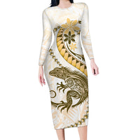Gold Maori Tuatara Family Matching Long Sleeve Bodycon Dress and Hawaiian Shirt Luxury Pastel Pattern