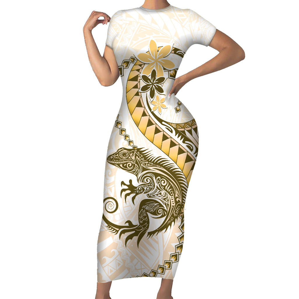 Gold Maori Tuatara Family Matching Short Sleeve Bodycon Dress and Hawaiian Shirt Luxury Pastel Pattern