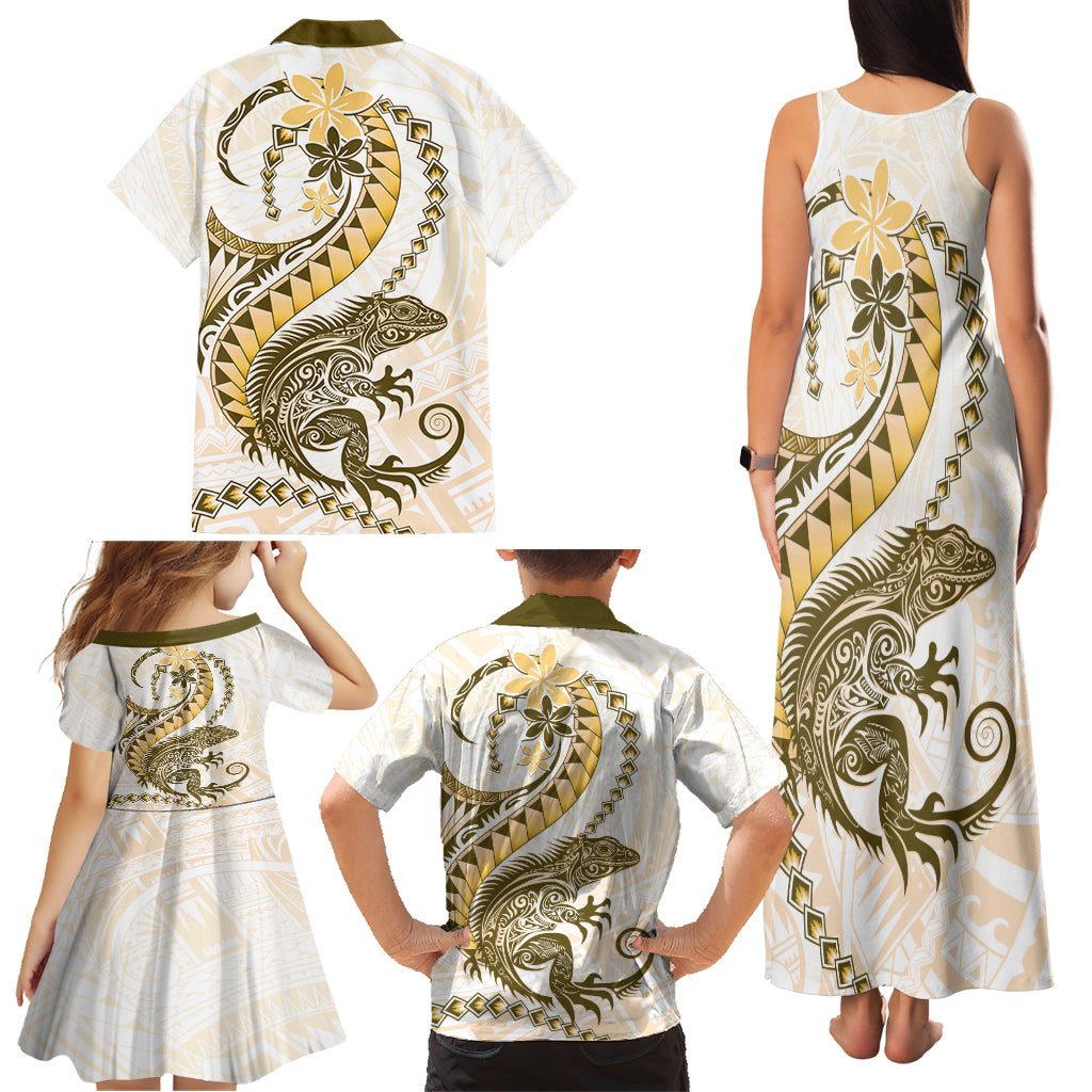 Gold Maori Tuatara Family Matching Tank Maxi Dress and Hawaiian Shirt Luxury Pastel Pattern