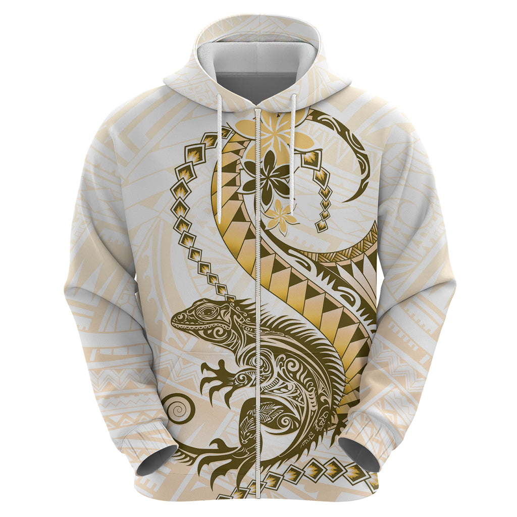 Gold Maori Tuatara Zip Hoodie Luxury Pastel Pattern LT01 - Polynesian Pride