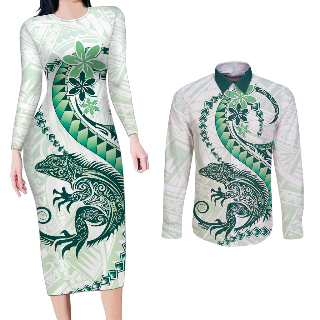 Green Maori Tuatara Couples Matching Long Sleeve Bodycon Dress and Long Sleeve Button Shirt Luxury Pastel Pattern