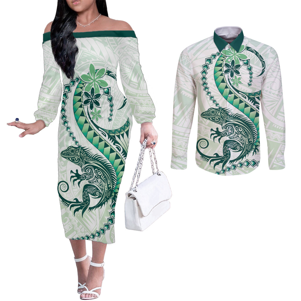 Green Maori Tuatara Couples Matching Off The Shoulder Long Sleeve Dress and Long Sleeve Button Shirt Luxury Pastel Pattern LT01 Green - Polynesian Pride