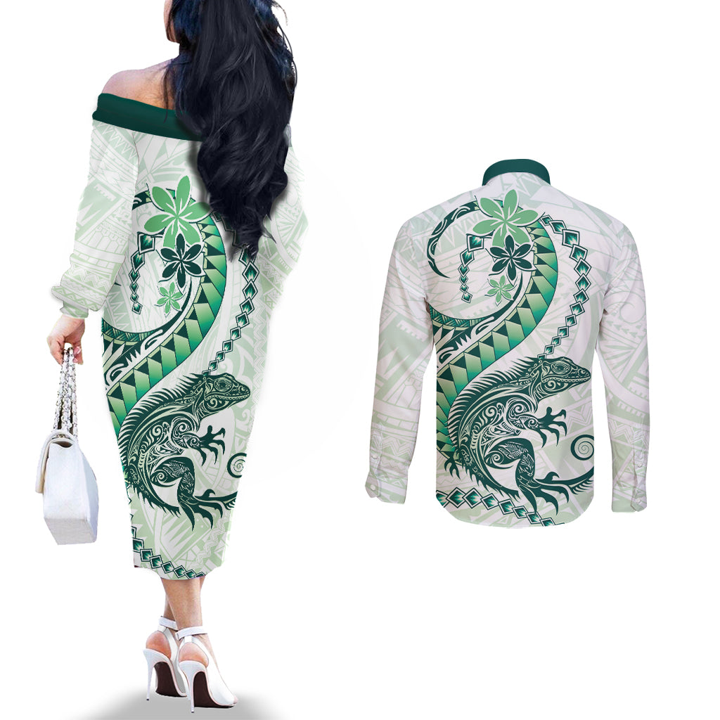 Green Maori Tuatara Couples Matching Off The Shoulder Long Sleeve Dress and Long Sleeve Button Shirt Luxury Pastel Pattern LT01 - Polynesian Pride