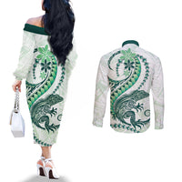 Green Maori Tuatara Couples Matching Off The Shoulder Long Sleeve Dress and Long Sleeve Button Shirt Luxury Pastel Pattern LT01 - Polynesian Pride