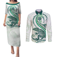 Green Maori Tuatara Couples Matching Puletasi and Long Sleeve Button Shirt Luxury Pastel Pattern LT01 Green - Polynesian Pride