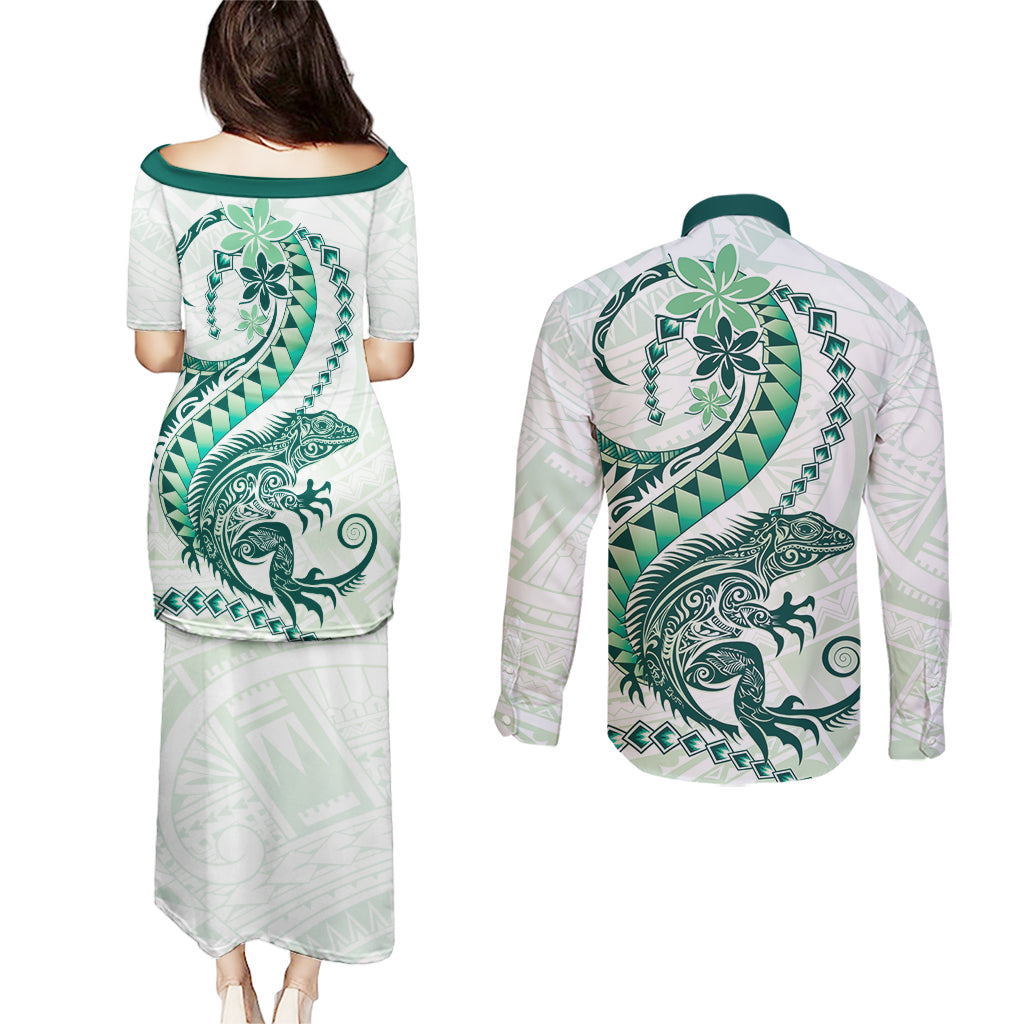 Green Maori Tuatara Couples Matching Puletasi and Long Sleeve Button Shirt Luxury Pastel Pattern LT01 - Polynesian Pride