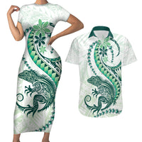 Green Maori Tuatara Couples Matching Short Sleeve Bodycon Dress and Hawaiian Shirt Luxury Pastel Pattern LT01 Green - Polynesian Pride