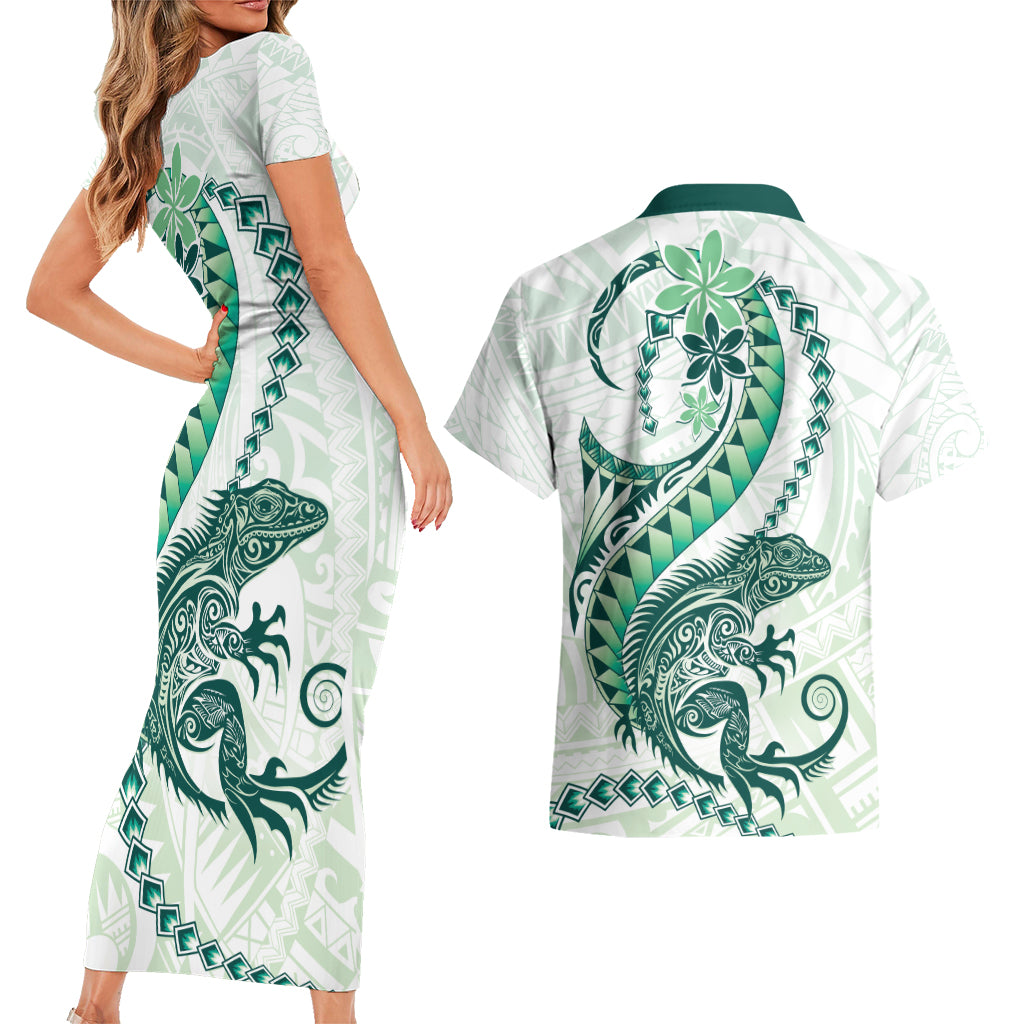 Green Maori Tuatara Couples Matching Short Sleeve Bodycon Dress and Hawaiian Shirt Luxury Pastel Pattern LT01 - Polynesian Pride