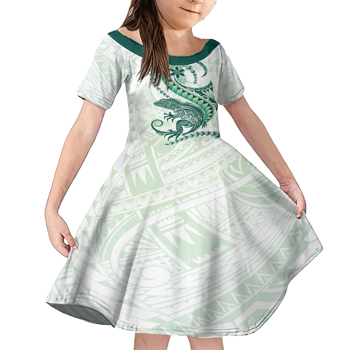 Green Maori Tuatara Family Matching Puletasi and Hawaiian Shirt Luxury Pastel Pattern LT01 Daughter's Dress Green - Polynesian Pride
