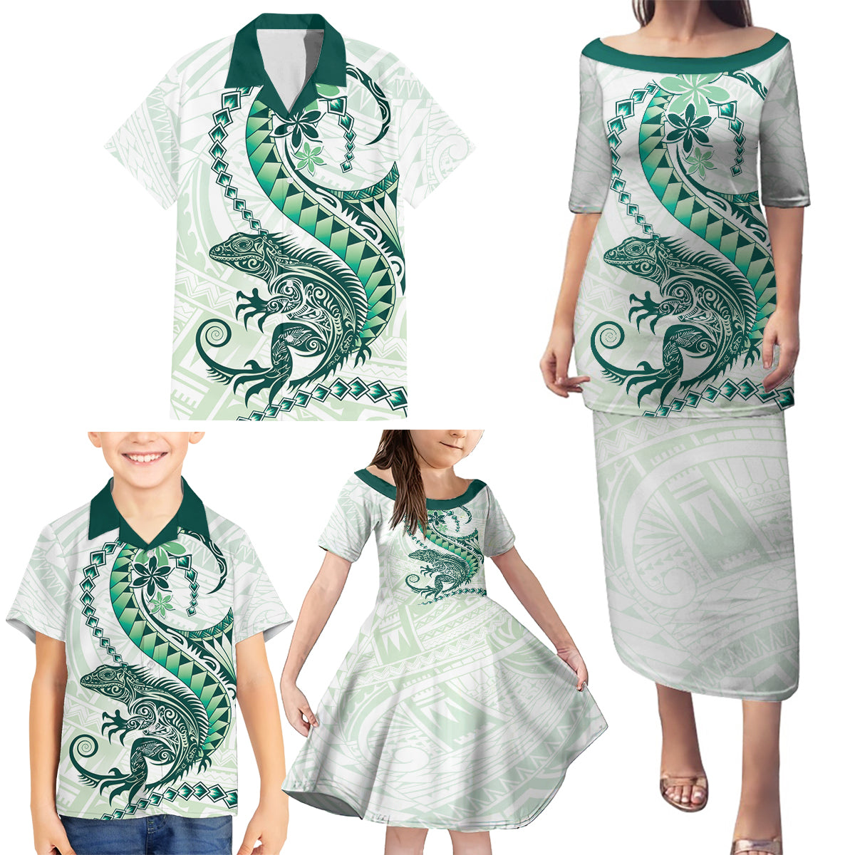 Green Maori Tuatara Family Matching Puletasi and Hawaiian Shirt Luxury Pastel Pattern LT01 - Polynesian Pride