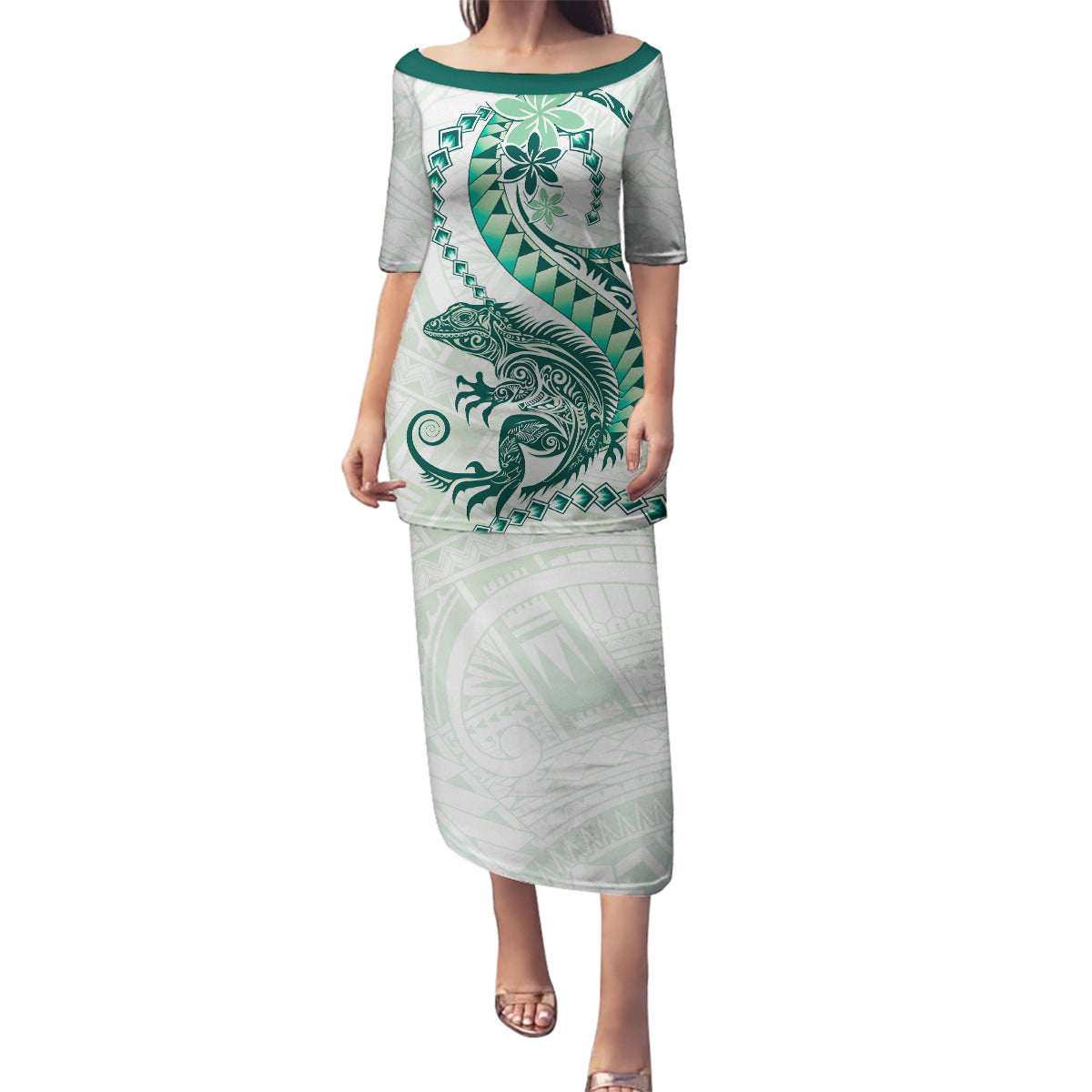 Green Maori Tuatara Family Matching Puletasi and Hawaiian Shirt Luxury Pastel Pattern LT01 Mom's Dress Green - Polynesian Pride