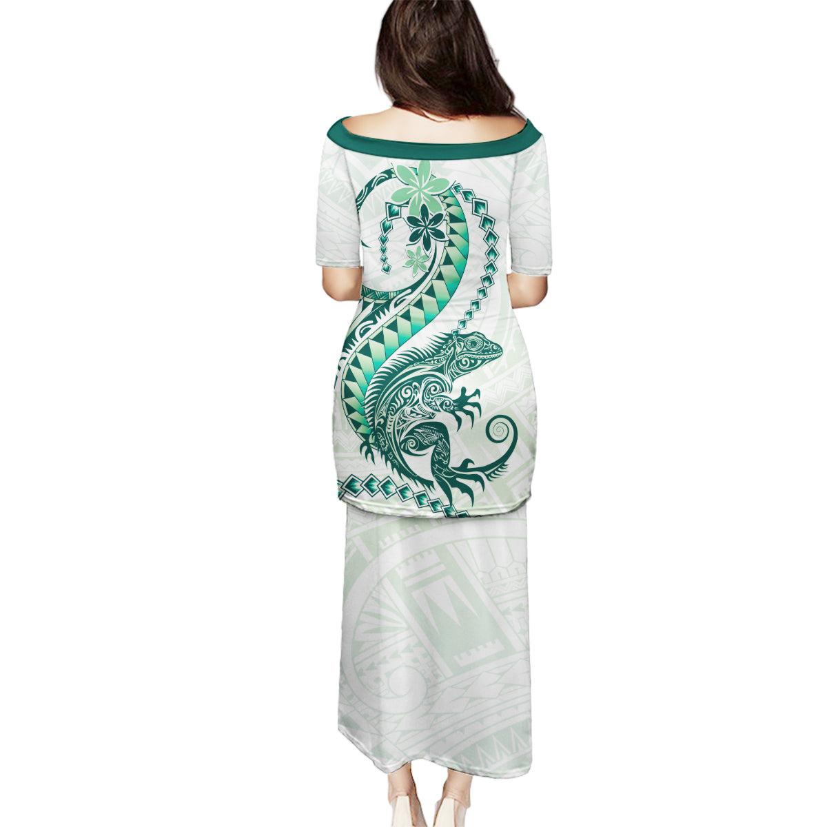 Green Maori Tuatara Family Matching Puletasi and Hawaiian Shirt Luxury Pastel Pattern LT01 - Polynesian Pride