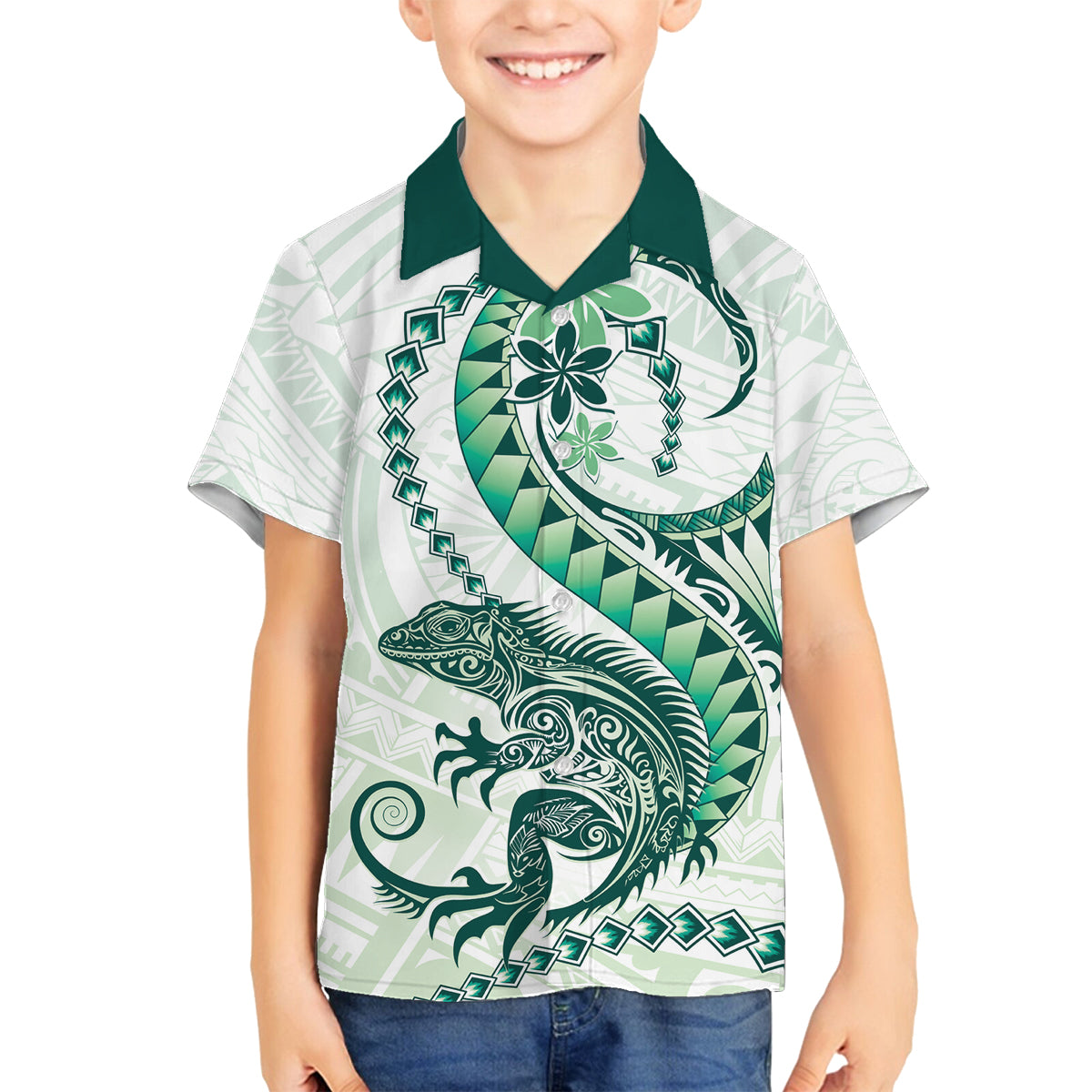 Green Maori Tuatara Family Matching Puletasi and Hawaiian Shirt Luxury Pastel Pattern LT01 Son's Shirt Green - Polynesian Pride