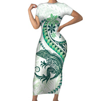 Green Maori Tuatara Family Matching Short Sleeve Bodycon Dress and Hawaiian Shirt Luxury Pastel Pattern