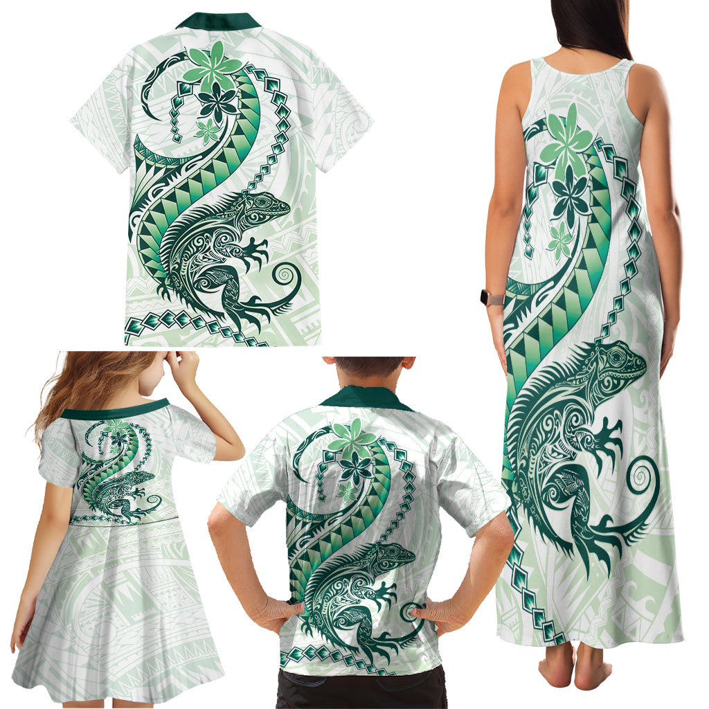 Green Maori Tuatara Family Matching Tank Maxi Dress and Hawaiian Shirt Luxury Pastel Pattern