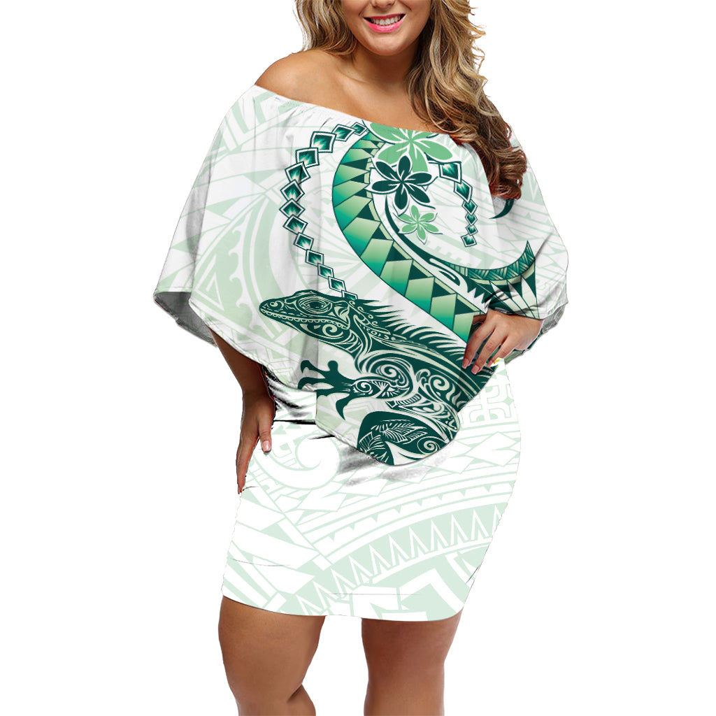 Green Maori Tuatara Off Shoulder Short Dress Luxury Pastel Pattern