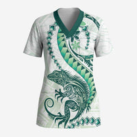 Green Maori Tuatara Scrub Top Luxury Pastel Pattern - Polynesian Pride