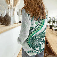 Green Maori Tuatara Women Casual Shirt Luxury Pastel Pattern