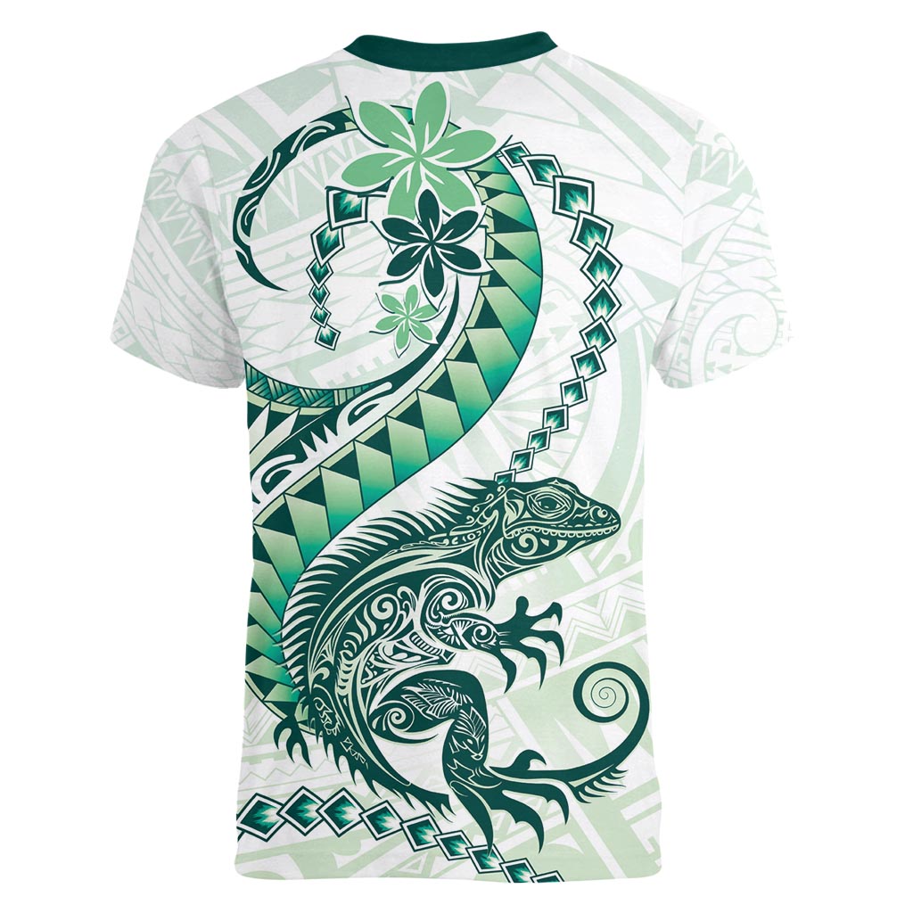 Green Maori Tuatara Women V-Neck T-Shirt Luxury Pastel Pattern