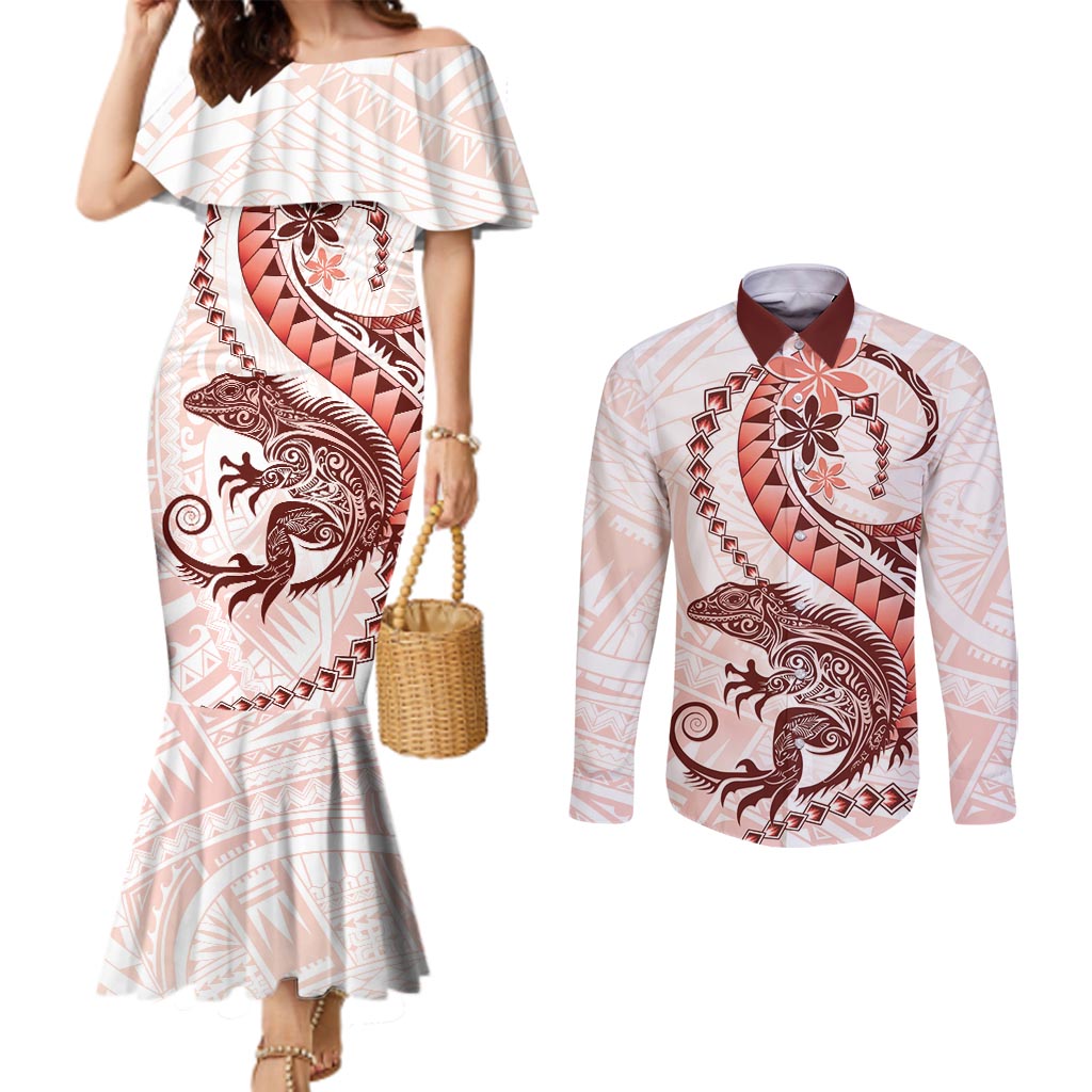 Red Maori Tuatara Couples Matching Mermaid Dress and Long Sleeve Button Shirt Luxury Pastel Pattern