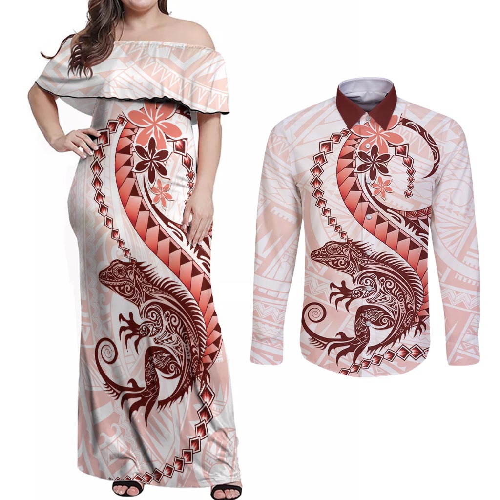 Red Maori Tuatara Couples Matching Off Shoulder Maxi Dress and Long Sleeve Button Shirt Luxury Pastel Pattern