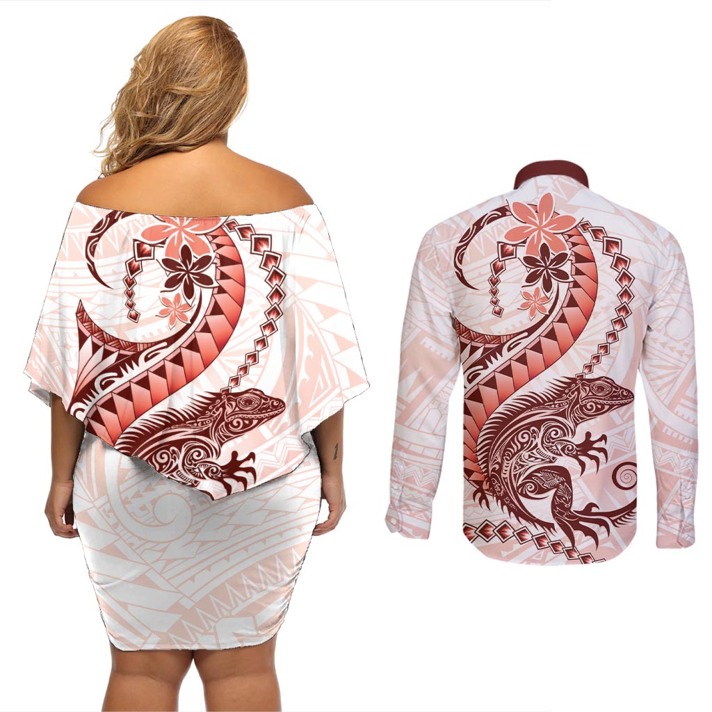 Red Maori Tuatara Couples Matching Off Shoulder Short Dress and Long Sleeve Button Shirt Luxury Pastel Pattern