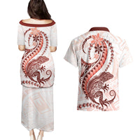 Red Maori Tuatara Couples Matching Puletasi and Hawaiian Shirt Luxury Pastel Pattern