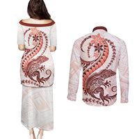 Red Maori Tuatara Couples Matching Puletasi and Long Sleeve Button Shirt Luxury Pastel Pattern