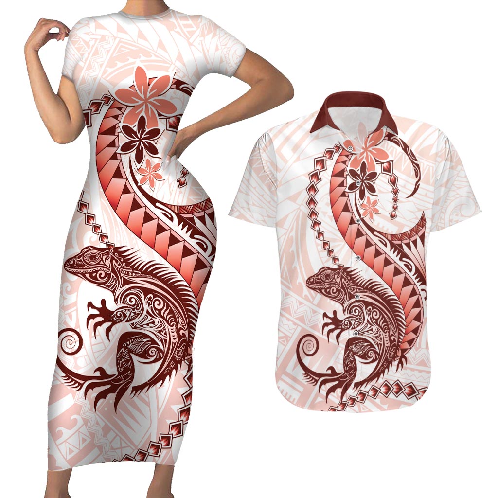 Red Maori Tuatara Couples Matching Short Sleeve Bodycon Dress and Hawaiian Shirt Luxury Pastel Pattern